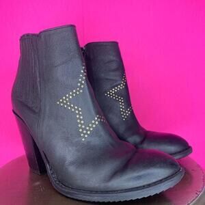 Anthropologie Paola Ferri Brass Stud Star Black Leather Heeled Ankle Boot US 8.5